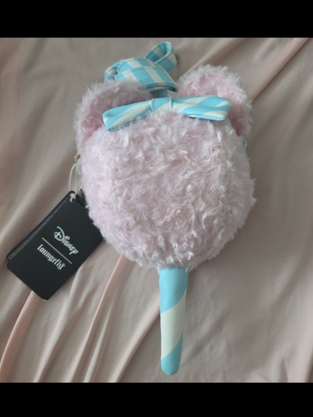 Loungefly Disney Pink Plush Cotton candy crossbody Bag with Light Blue Accents